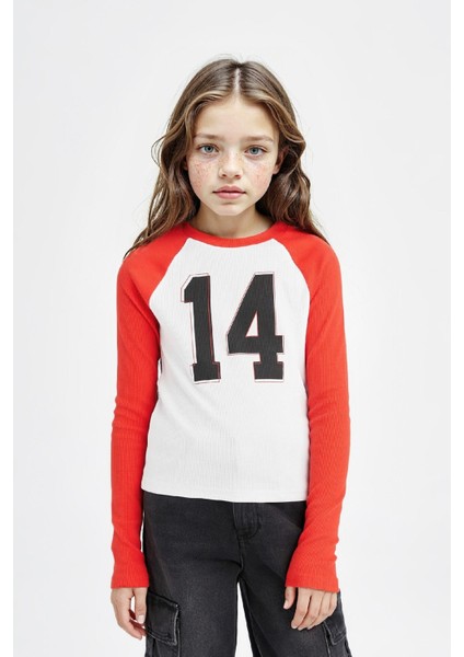 Kız Çocuk Bisiklet Yaka Baskılı Fitilli Kaşkorse Uzun Kollu Tişört