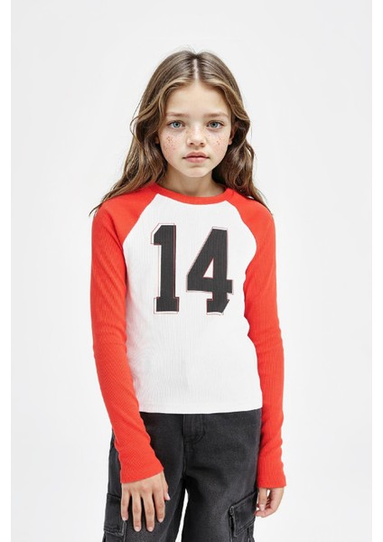 Kız Çocuk Bisiklet Yaka Baskılı Fitilli Kaşkorse Uzun Kollu Tişört modelleri