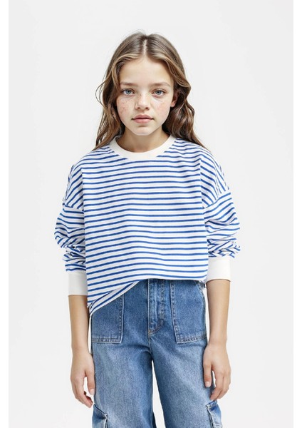 Kız Çocuk Relax Fit Bisiklet Yaka Çizgili Sweatshirt