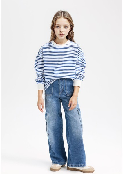 Kız Çocuk Relax Fit Bisiklet Yaka Çizgili Sweatshirt fiyatları
