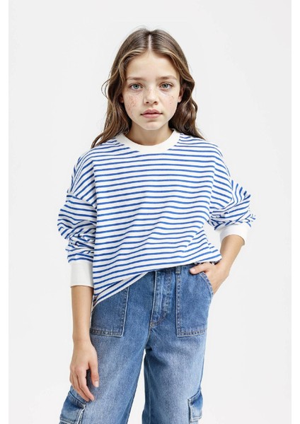 Kız Çocuk Relax Fit Bisiklet Yaka Çizgili Sweatshirt modelleri