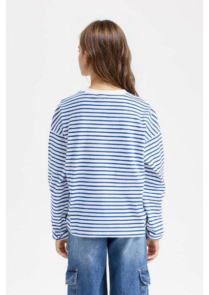 Kız Çocuk Relax Fit Bisiklet Yaka Çizgili Sweatshirt indirimleri