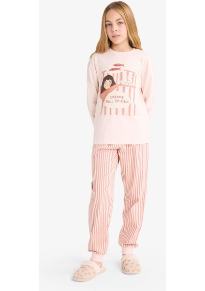 Kız Çocuk Pijama Takımı Baskılı Uzun Kollu Üst Çizgili Uzun Alt F6233A825WN
