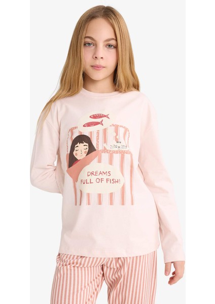 Kız Çocuk Pijama Takımı Baskılı Uzun Kollu Üst Çizgili Uzun Alt F6233A825WN fiyatları