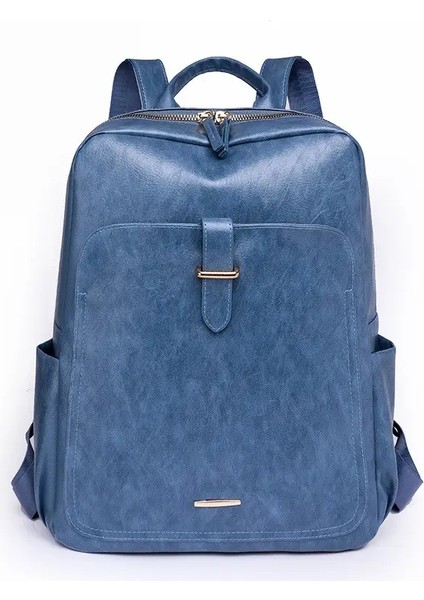 Yeni Çok Fonksiyonlu Kadın Sırt Çantası Basit Nötr Su Geçirmez Çanta Retro Avrupa Iş Omuz Çantası Düz Renk Pu Ma Renk: Mavi (Yurt Dışından)