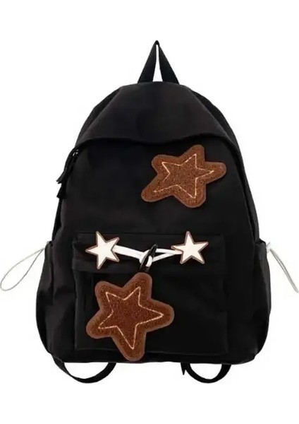 Y2K Girls Star Desen Dizüstü Dizüstü Backpack Teen Öğrenci Büyük Kapasite Okulu Kitap Çantası Storduroy Rucksack Çift Kayış Omuz Çantası Renk: Siyah Kamış (Yurt Dışından)