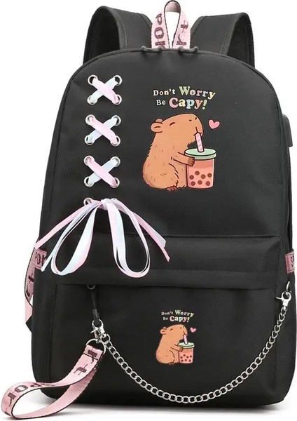 Sevimli Capya Okul Çantası Erkek ve Kız Öğrenci Sırt Çantası En Iyi Hediyeler Büyük Kapasiteli Kızlar Anime Kawaii Renk: Black2 (Yurt Dışından)