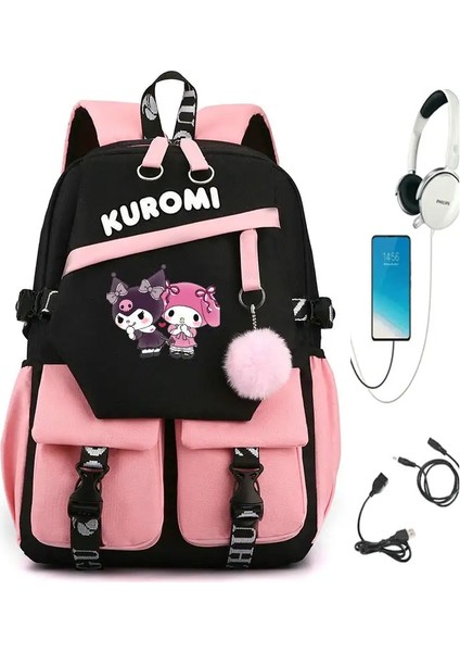 Miniso Güzel Kuromi Melody Sırt Çantası USB Kızlar Erkekler Okul Çantası Gençler Tuval Dizüstü Paket Kapasite Rucksack Anime Renk: Pink3 (Yurt Dışından)