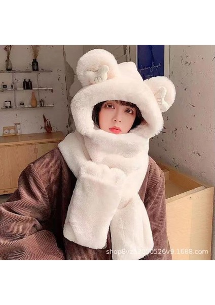 Sonbahar ve Kış Peluş Sıcak Kulak Koruma Sevimli Kapi A Şapka Eşarp Hepsi Bir Arada Üç Parçalı Set (Yurt Dışından)