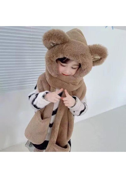 Sonbahar ve Kış Peluş Sıcak Kulak Koruma Sevimli Kapi A Şapka Eşarp Hepsi Bir Arada Üç Parçalı Set (Yurt Dışından)