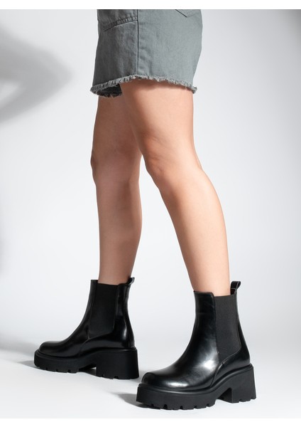 Kadın Kalın Tırtıklı Taban Elastik Yan Bantlı Günlük Bot Zates Siyah fırsatları