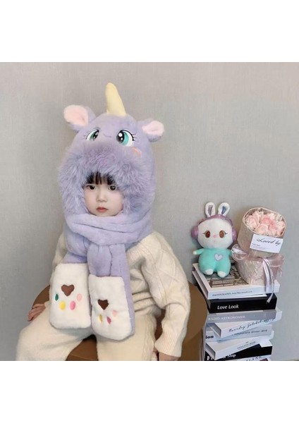 Kışlık Yeni Tek Parça Kalınlaştırılmış Peluş Çizgi Film Sevimli Çocuk Şapkası Üç Parçalı Set (Yurt Dışından)