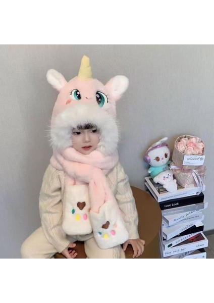 Kışlık Yeni Tek Parça Kalınlaştırılmış Peluş Çizgi Film Sevimli Çocuk Şapkası Üç Parçalı Set (Yurt Dışından)