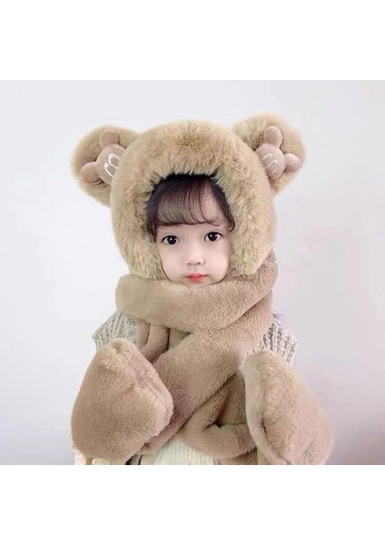 Kışlık Çocuk Bebek Yastıklı Sıcak Şapka Atkı Eln Üç Parçalı Set (Yurt Dışından)