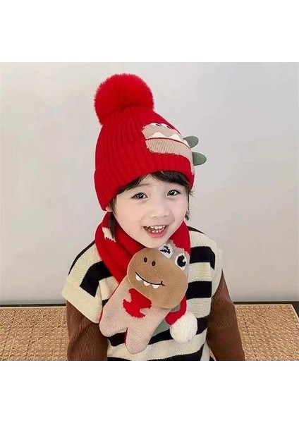 Çocuk Sonbahar ve Kış Modelleri Sevimli Sıcak Bebek Örgü Yün Şapka Atkı Iki Parçalı Set (Yurt Dışından)