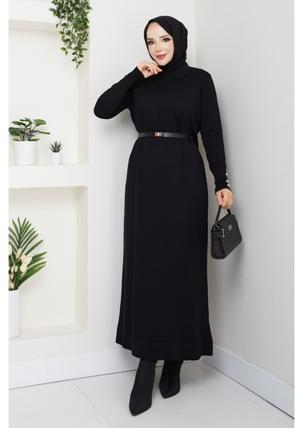 Kadın Kemerli Düğme Detaylı Merserize Triko Elbise -PMK463