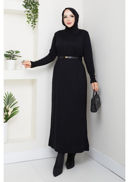 Kadın Kemerli Düğme Detaylı Merserize Triko Elbise -PMK463 fiyatları