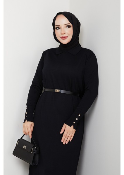 Kadın Kemerli Düğme Detaylı Merserize Triko Elbise -PMK463 fırsatları