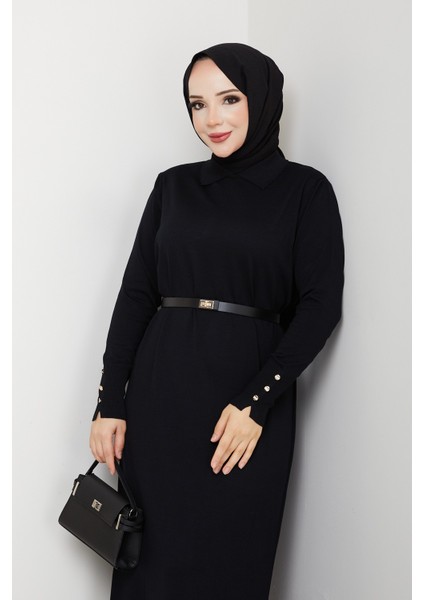 Kadın Kemerli Düğme Detaylı Merserize Triko Elbise -PMK463 indirimleri