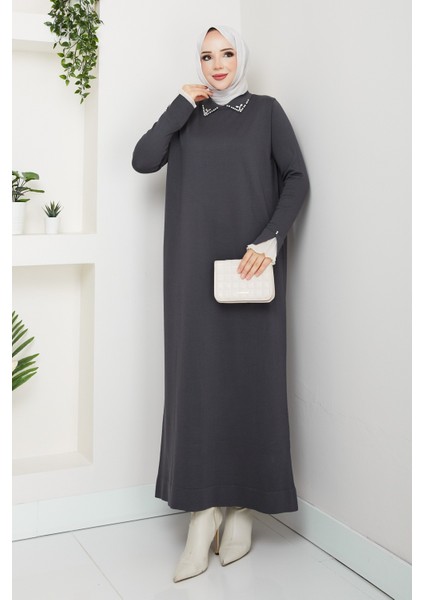 Kadın Kolu Dantelli Gömlek Yaka Elbise -PMK464