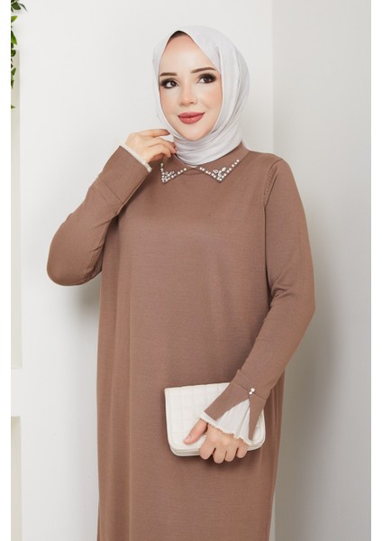 Kadın Kolu Dantelli Gömlek Yaka Elbise -PMK464