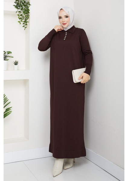 Kadın Nervür Yaka Detaylı Merserize Triko Elbise -PMK465