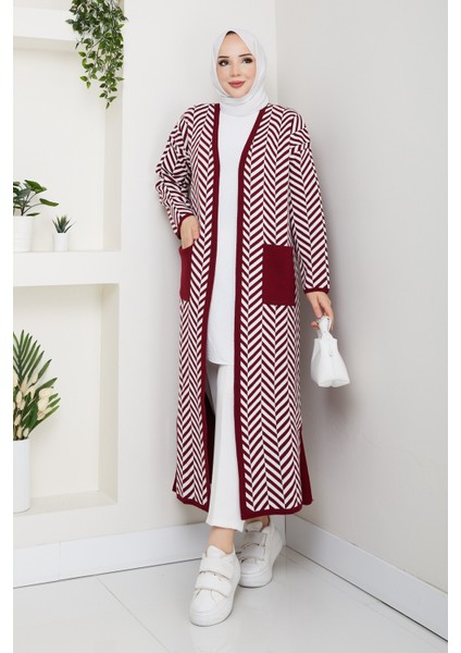 Kadın Zebra Desenli Çelik Örgü Cepli Triko Hırka -PMK468 modelleri