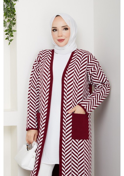 Kadın Zebra Desenli Çelik Örgü Cepli Triko Hırka -PMK468 indirimleri