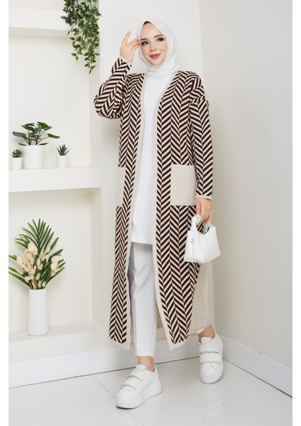 Kadın Zebra Desenli Çelik Örgü Cepli Triko Hırka -PMK468