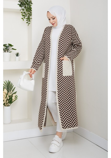 Kadın Zebra Desenli Çelik Örgü Cepli Triko Hırka -PMK468 modelleri