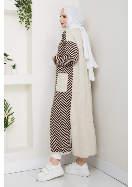 Kadın Zebra Desenli Çelik Örgü Cepli Triko Hırka -PMK468 fırsatları