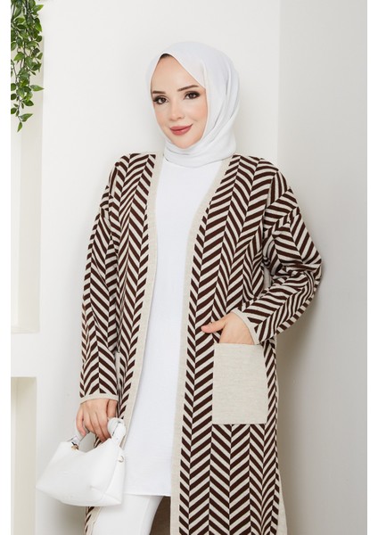 Kadın Zebra Desenli Çelik Örgü Cepli Triko Hırka -PMK468 indirimleri