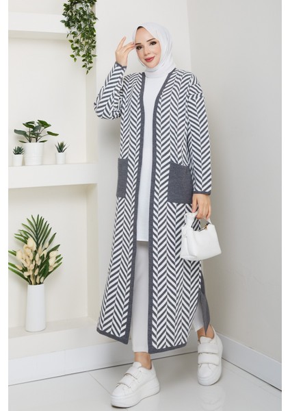 Kadın Zebra Desenli Çelik Örgü Cepli Triko Hırka -PMK468