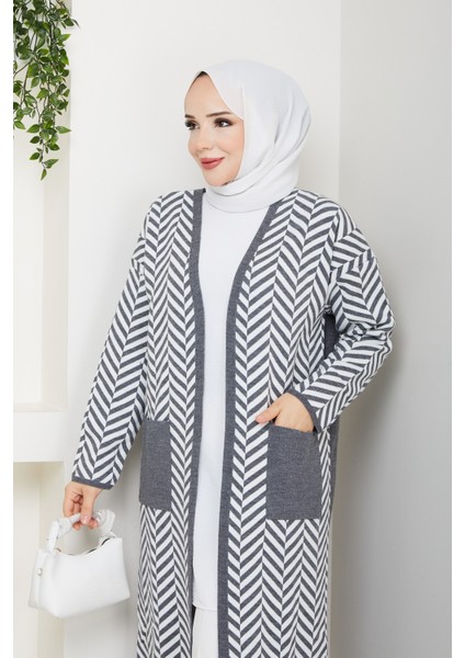 Kadın Zebra Desenli Çelik Örgü Cepli Triko Hırka -PMK468 fiyatları