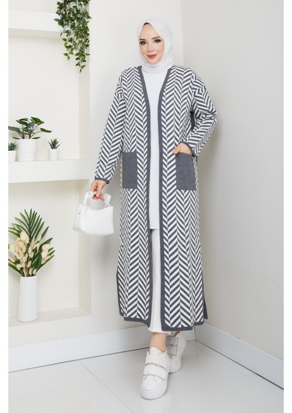 Kadın Zebra Desenli Çelik Örgü Cepli Triko Hırka -PMK468 modelleri