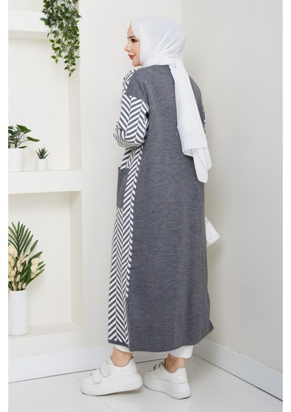 Kadın Zebra Desenli Çelik Örgü Cepli Triko Hırka -PMK468 fırsatları