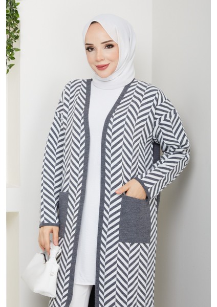 Kadın Zebra Desenli Çelik Örgü Cepli Triko Hırka -PMK468 indirimleri