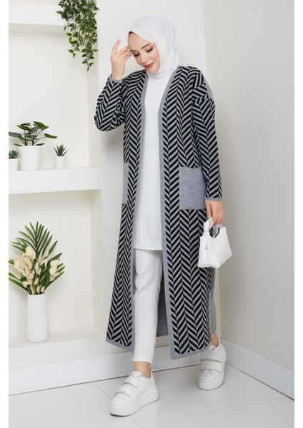 Kadın Zebra Desenli Çelik Örgü Cepli Triko Hırka -PMK468