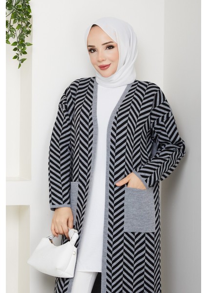 Kadın Zebra Desenli Çelik Örgü Cepli Triko Hırka -PMK468 fiyatları