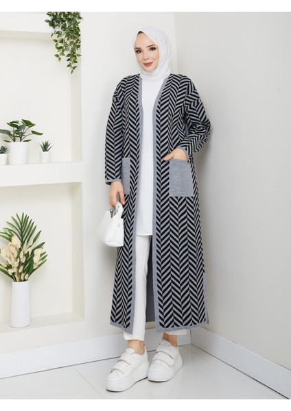 Kadın Zebra Desenli Çelik Örgü Cepli Triko Hırka -PMK468 modelleri