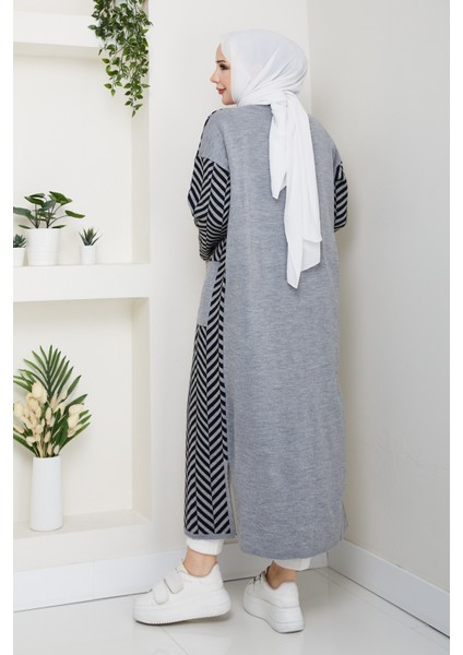 Kadın Zebra Desenli Çelik Örgü Cepli Triko Hırka -PMK468 fırsatları