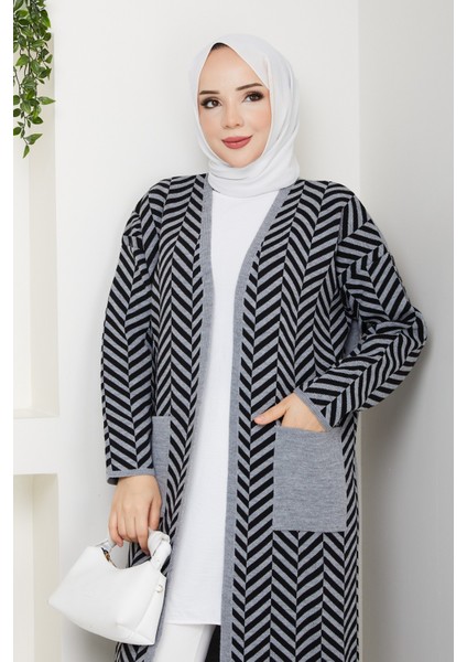 Kadın Zebra Desenli Çelik Örgü Cepli Triko Hırka -PMK468 indirimleri