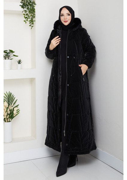 Kadın Beli Tünel Geçişli Astarlı Kapüşonlu Tam Boy Mont -PMK469