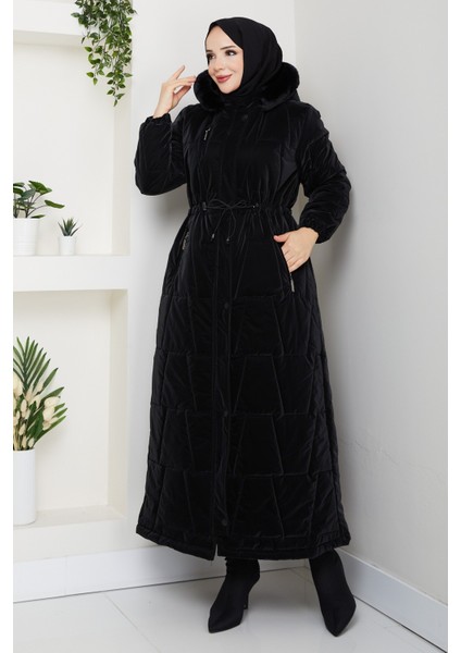 Kadın Beli Tünel Geçişli Astarlı Kapüşonlu Tam Boy Mont -PMK469 fırsatları