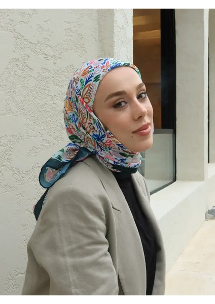 Modern Flora Desen Bambu Eşarp - Zümrüt-Beyaz