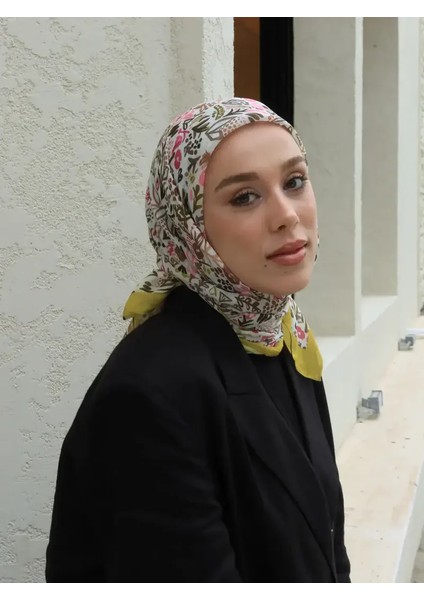 Modern Flora Desen Bambu Eşarp - Sarı-Ekru