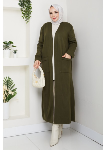 Kadın Çelik Örgü Cepli Uzun Triko Hırka -PMK482