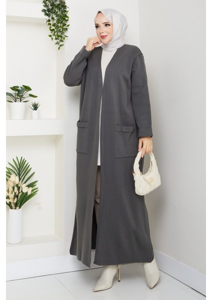 Kadın Çelik Örgü Cepli Uzun Triko Hırka -PMK482