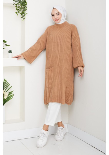 Kadın Saç Örgü Cepli Triko Tunik -PMK478