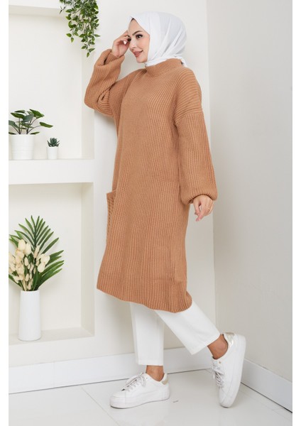 Kadın Saç Örgü Cepli Triko Tunik -PMK478 modelleri